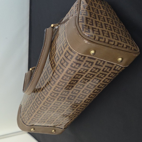 Fendi 1990s Zucca Coated Canvas Boston Bag w/textured leather- rare collectable